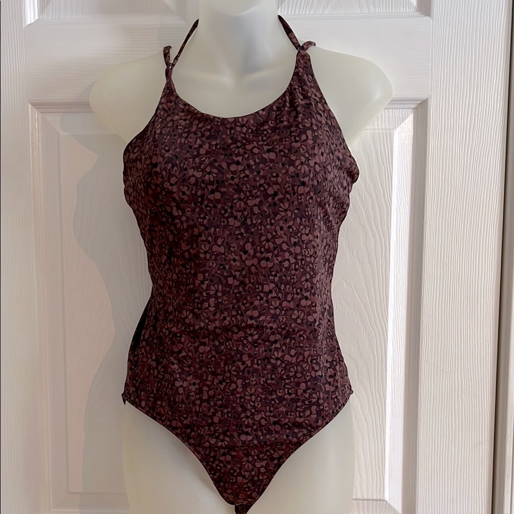 Athleta Dark Plum/Brown Floral Keyhole One-Piece Swimsuit